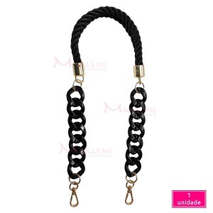 Alça com cordão duplo, corrente plástica e mosquetão