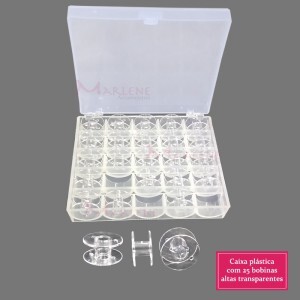 Caixa com 25 bobinas transparentes altas para máquina doméstica