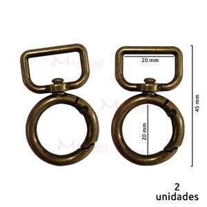 Mosquetão com argola articulada 20mm ouro velho com 2 unidades